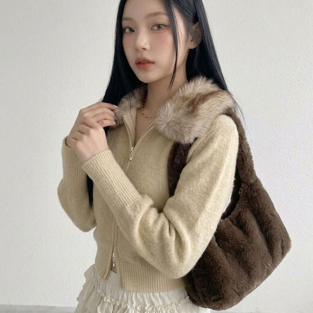ファーZIPショートカーディガン （ベージュ）