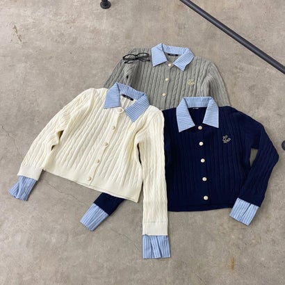 ノンヘッジ non-hedge シャツアンサンブル風ケーブルニットプルオーバー （オフホワイト）｜詳細画像