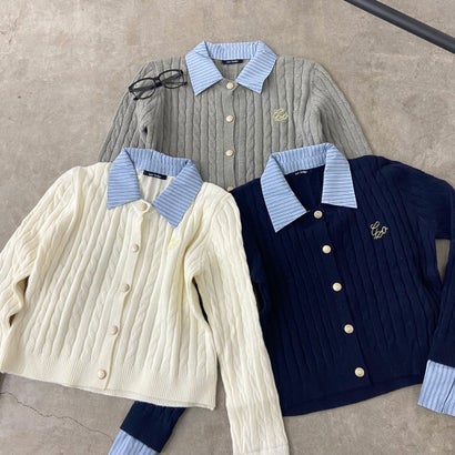 ノンヘッジ non-hedge シャツアンサンブル風ケーブルニットプルオーバー （オフホワイト）｜詳細画像