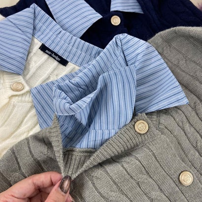 ノンヘッジ non-hedge シャツアンサンブル風ケーブルニットプルオーバー （ネイビー）｜詳細画像