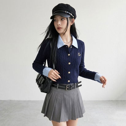 ノンヘッジ non-hedge シャツアンサンブル風ケーブルニットプルオーバー （グレー）｜詳細画像