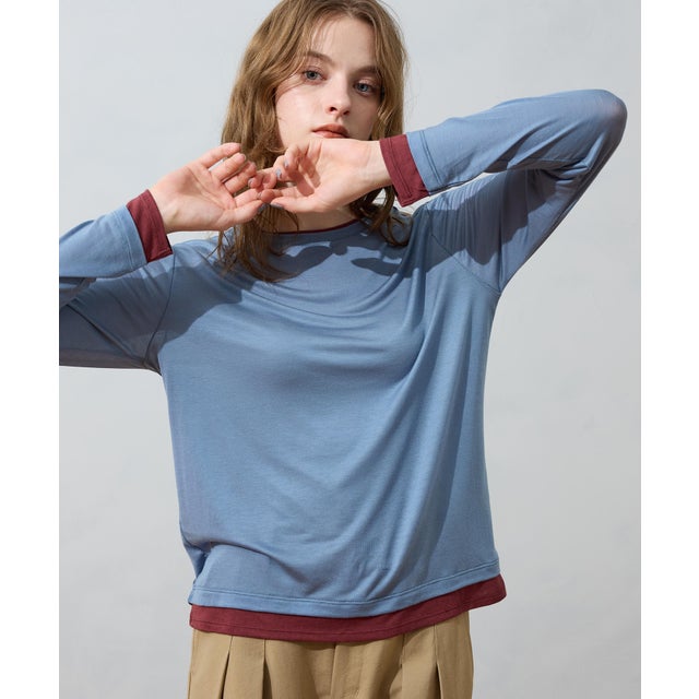 レイヤード風クルーネックTシャツ （サックス）