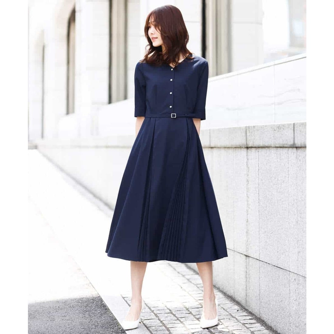 シフォンプリーツデザインツイルワンピース/洗える （シルクライク 