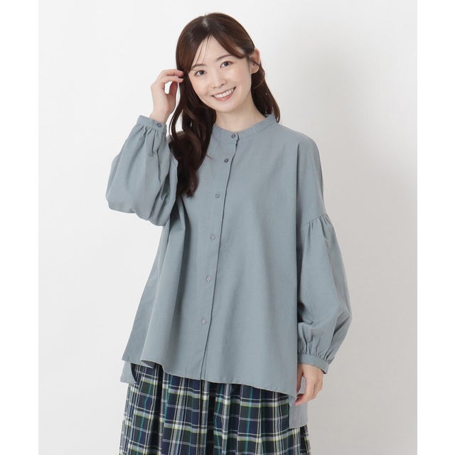 ◆綿麻 バンドカラー ボリューム袖ブラウス （ブルー(993)）