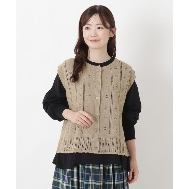 ◆綿タッチ クルーネック透かし柄編みベスト （ベージュ(952)）