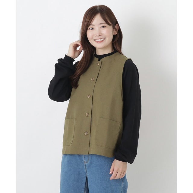 ◆麻綿 スタンドカラー 裾カーブ入りベスト （カーキ(927)）