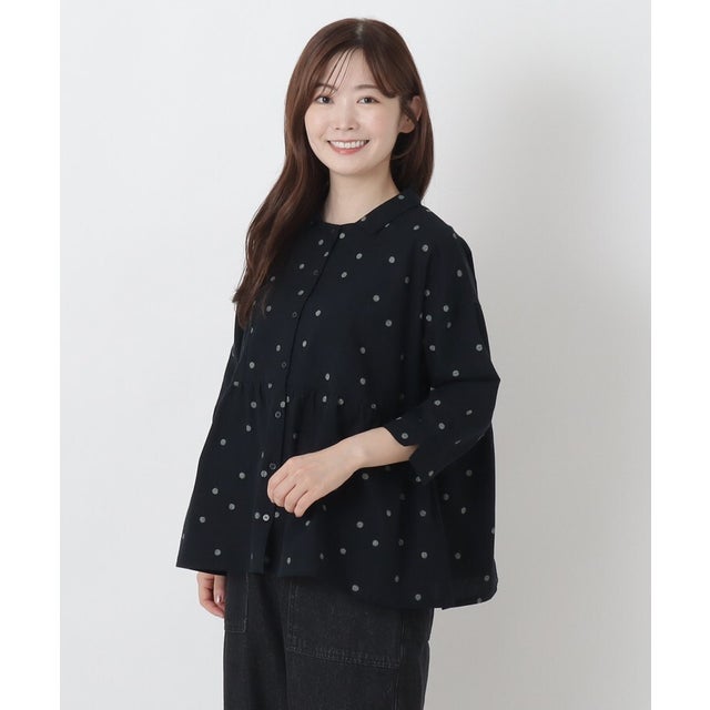 ◆綿麻 ドットプリント 7分袖ブラウス （ブラック(919)）