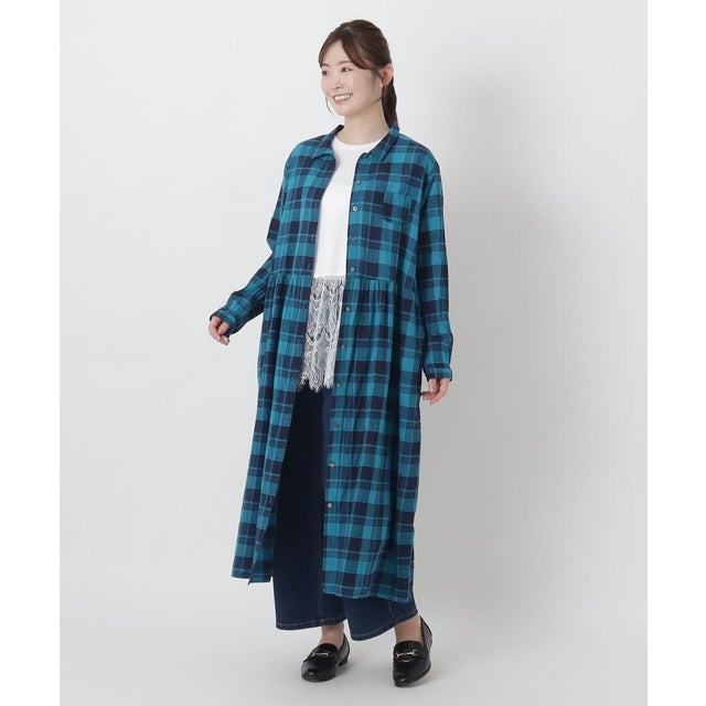 ◆コットンドビー チェック柄 前開きワンピース （ネイビー(994)）
