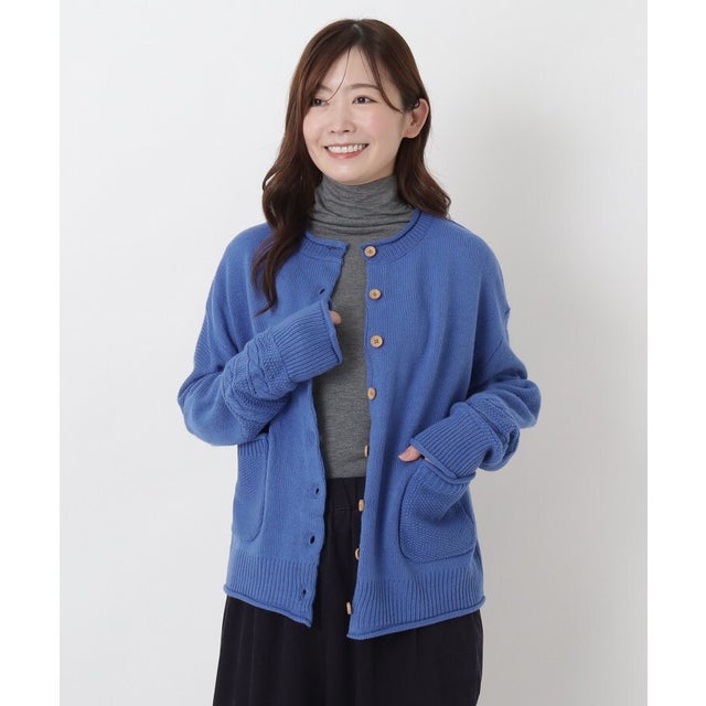 ◆アクリルニット 袖口ケーブル柄カーディガン （ブルー(993)）