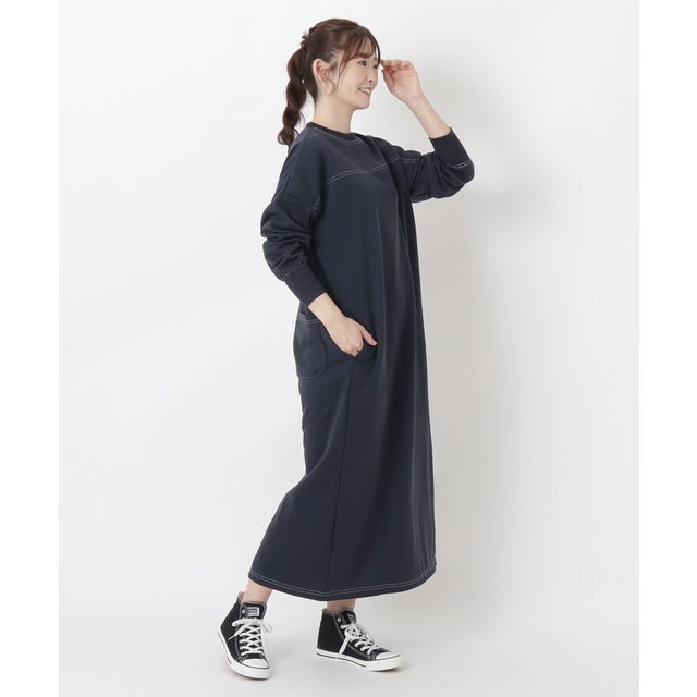 ◆配色ステッチ ロングワンピース （ネイビー(994)）