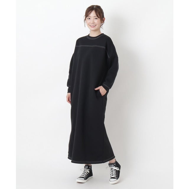 ◆配色ステッチ ロングワンピース （ブラック(919)）