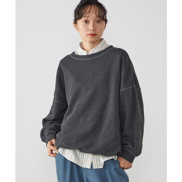 配色ステッチ 裏起毛プルオーバー （チャコール）