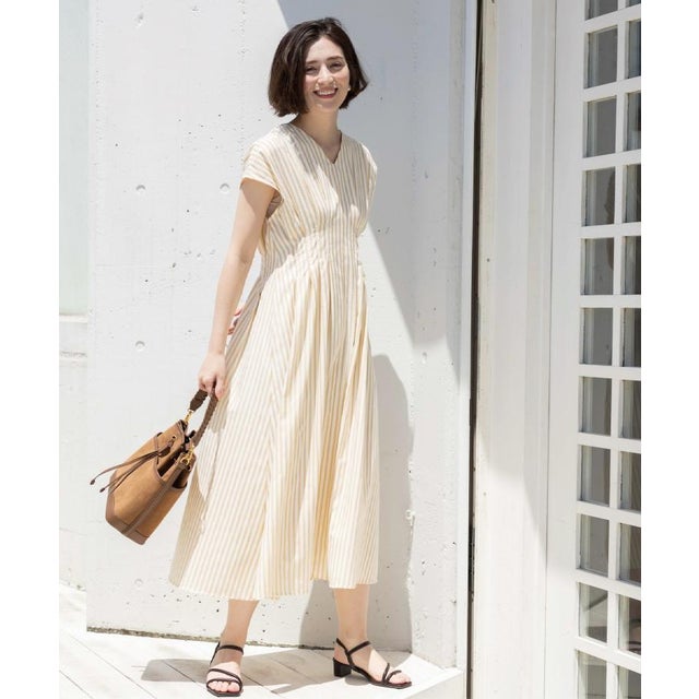 ドビーストライプ Vネックウエストタックワンピース【洗濯機OK】 （ベージュ(352)）