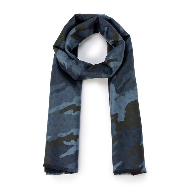 シルクカモフラプリント裏ウールマフラー （NAVY）