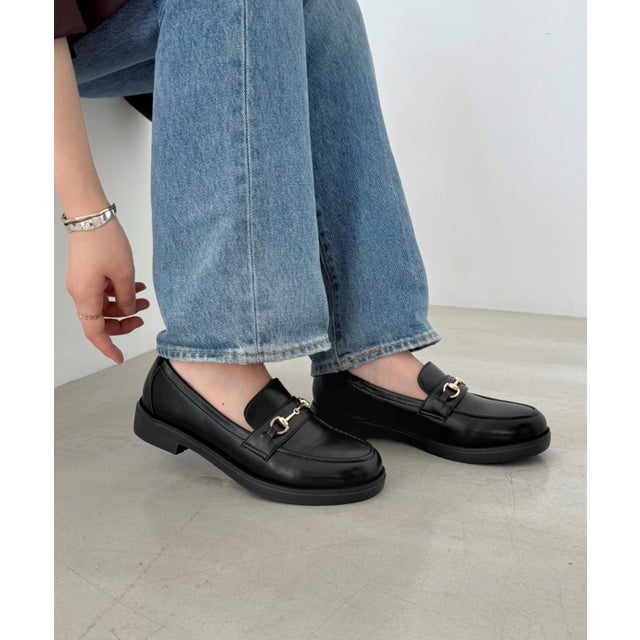 【跳べるパンプス】ラウンドトゥビットモチーフ厚底ローファー/R-3225 （BLACK）