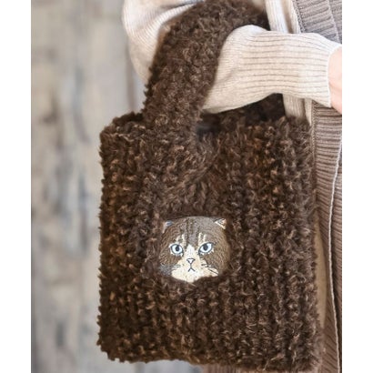 ネコ刺繍ボアバッグ （ブラウン）｜詳細画像