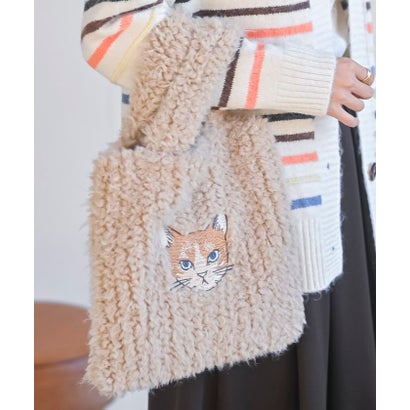 ネコ刺繍ボアバッグ （ブラウン）｜詳細画像