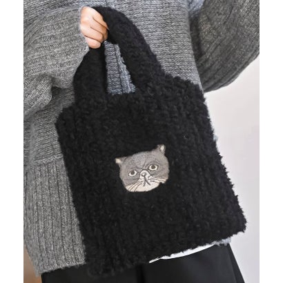 ネコ刺繍ボアバッグ （ブラック）｜詳細画像