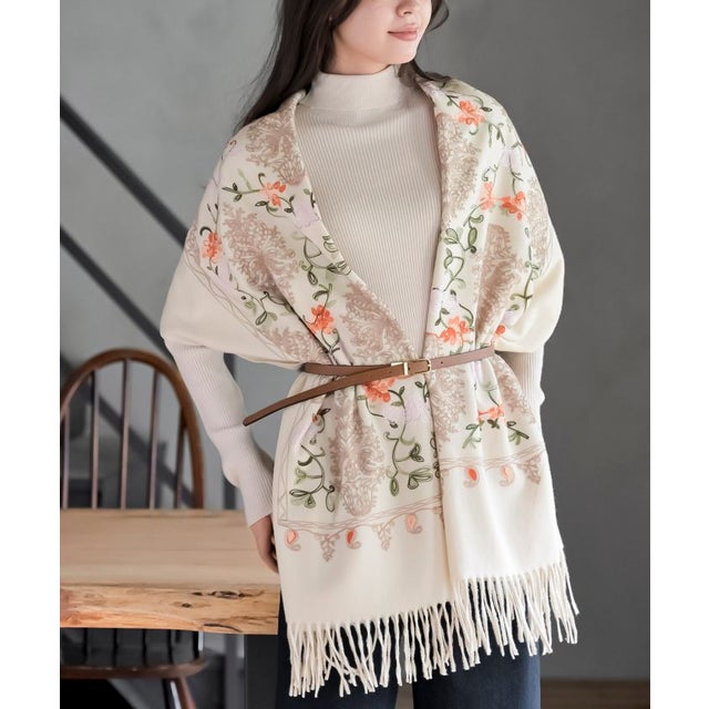カラフル刺繍起毛大判ストール （ベージュ）