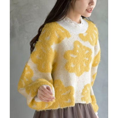 フェザー花柄ショート丈ニットプルオーバー （ナチュラル）｜詳細画像