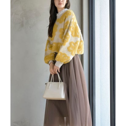 フェザー花柄ショート丈ニットプルオーバー （チャコールグレー）｜詳細画像