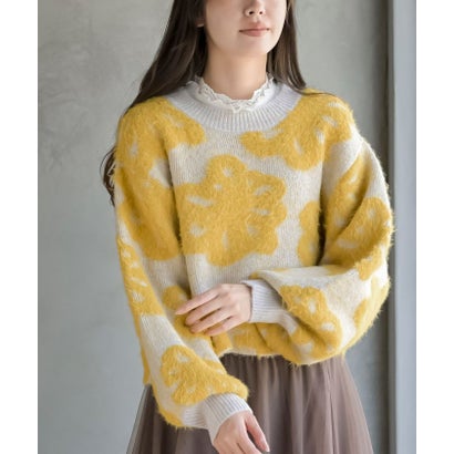 フェザー花柄ショート丈ニットプルオーバー （チャコールグレー）｜詳細画像
