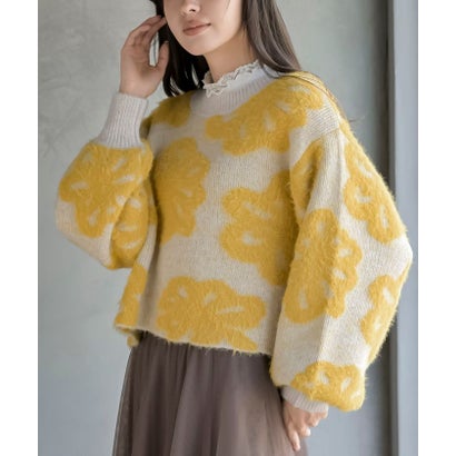 フェザー花柄ショート丈ニットプルオーバー （チャコールグレー）｜詳細画像
