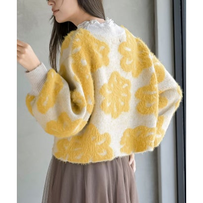 フェザー花柄ショート丈ニットプルオーバー （チャコールグレー）｜詳細画像