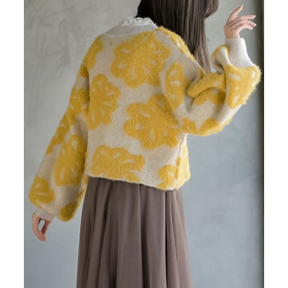 フェザー花柄ショート丈ニットプルオーバー （チャコールグレー）｜詳細画像