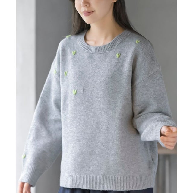ハート刺繍ニットプルオーバー （杢グレー）