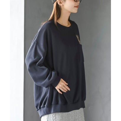 裏毛ネコ刺繍 プルオーバー （ネイビー）｜詳細画像