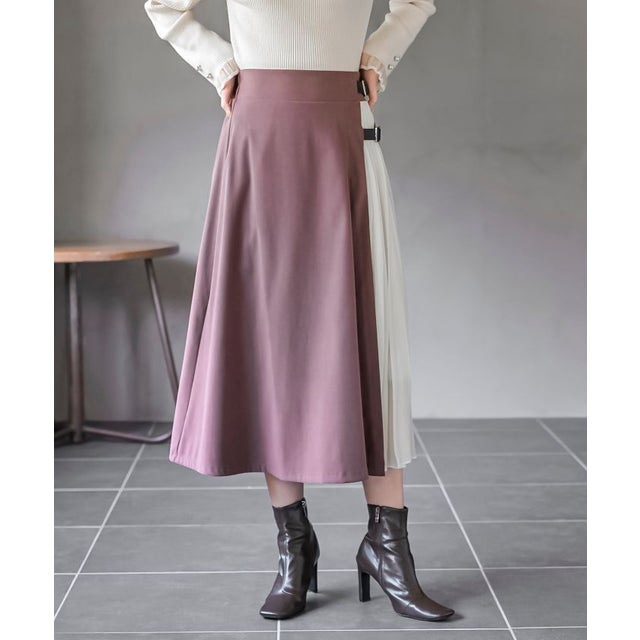 合皮バックル付きシフォンプリーツ切替スカート （ピンクベージュ）