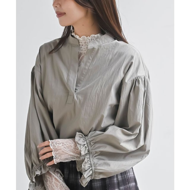 キャンディ袖キーネックブラウス （グレージュ）