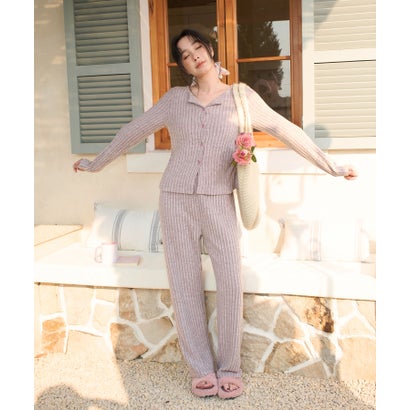 オシャレボ OSYAREVO 【ネット限定】ルームウェア セットアップ ニット カーディガン カップ付き ロングパンツ セット （パープル）｜詳細画像