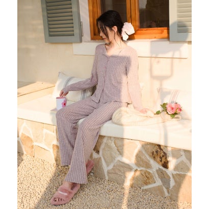 オシャレボ OSYAREVO 【ネット限定】ルームウェア セットアップ ニット カーディガン カップ付き ロングパンツ セット （パープル）｜詳細画像