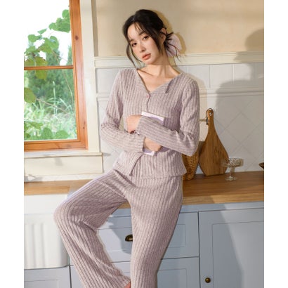 オシャレボ OSYAREVO 【ネット限定】ルームウェア セットアップ ニット カーディガン カップ付き ロングパンツ セット （パープル）｜詳細画像
