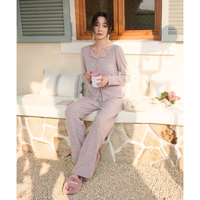 オシャレボ OSYAREVO 【ネット限定】ルームウェア セットアップ ニット カーディガン カップ付き ロングパンツ セット （パープル）｜詳細画像