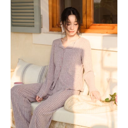 オシャレボ OSYAREVO 【ネット限定】ルームウェア セットアップ ニット カーディガン カップ付き ロングパンツ セット （パープル）｜詳細画像