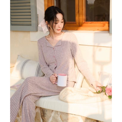 オシャレボ OSYAREVO 【ネット限定】ルームウェア セットアップ ニット カーディガン カップ付き ロングパンツ セット （パープル）｜詳細画像