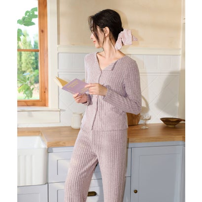 オシャレボ OSYAREVO 【ネット限定】ルームウェア セットアップ ニット カーディガン カップ付き ロングパンツ セット （パープル）｜詳細画像