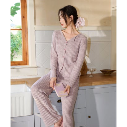オシャレボ OSYAREVO 【ネット限定】ルームウェア セットアップ ニット カーディガン カップ付き ロングパンツ セット （パープル）｜詳細画像