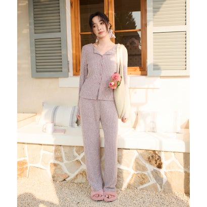 オシャレボ OSYAREVO 【ネット限定】ルームウェア セットアップ ニット カーディガン カップ付き ロングパンツ セット （パープル）｜詳細画像