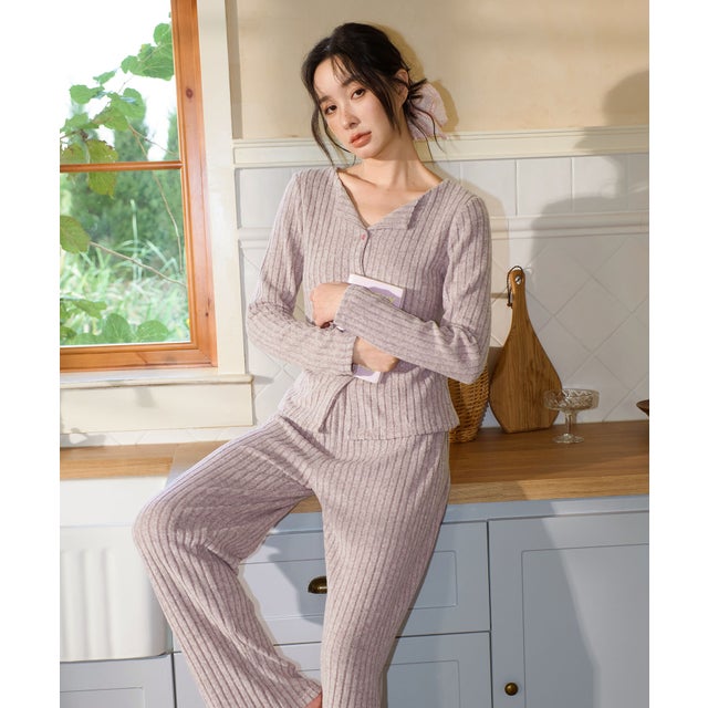 【ネット限定】ルームウェア セットアップ ニット カーディガン カップ付き ロングパンツ セット （パープル）