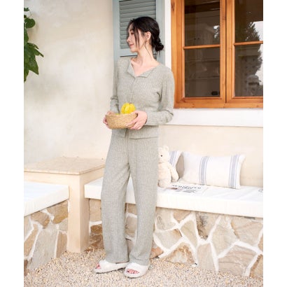 オシャレボ OSYAREVO 【ネット限定】ルームウェア セットアップ ニット カーディガン カップ付き ロングパンツ セット （ライトグリーン）｜詳細画像