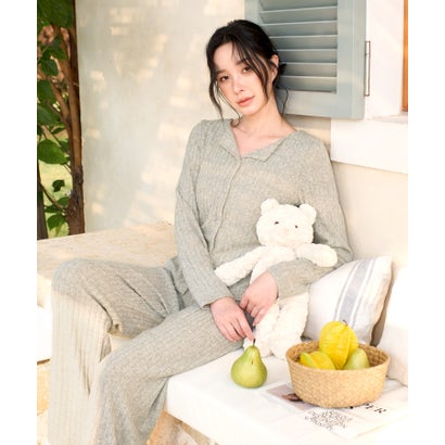 オシャレボ OSYAREVO 【ネット限定】ルームウェア セットアップ ニット カーディガン カップ付き ロングパンツ セット （ライトグリーン）｜詳細画像