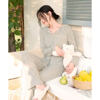 オシャレボ OSYAREVO 【ネット限定】ルームウェア セットアップ ニット カーディガン カップ付き ロングパンツ セット （ライトグリーン）｜詳細画像