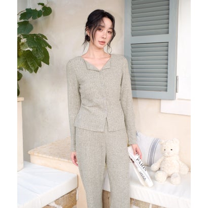 オシャレボ OSYAREVO 【ネット限定】ルームウェア セットアップ ニット カーディガン カップ付き ロングパンツ セット （ライトグリーン）｜詳細画像