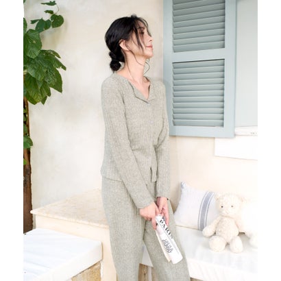 オシャレボ OSYAREVO 【ネット限定】ルームウェア セットアップ ニット カーディガン カップ付き ロングパンツ セット （ライトグリーン）｜詳細画像