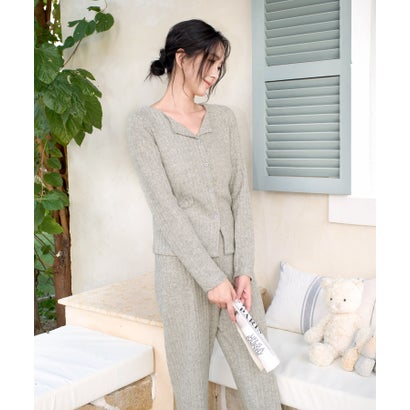 オシャレボ OSYAREVO 【ネット限定】ルームウェア セットアップ ニット カーディガン カップ付き ロングパンツ セット （ライトグリーン）｜詳細画像