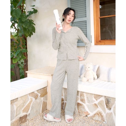 オシャレボ OSYAREVO 【ネット限定】ルームウェア セットアップ ニット カーディガン カップ付き ロングパンツ セット （ライトグリーン）｜詳細画像